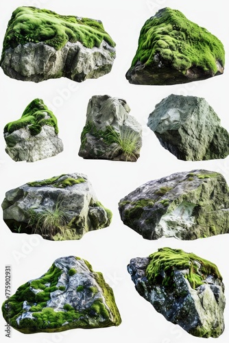 Rocks covered in green moss. Suitable for nature and outdoor themes