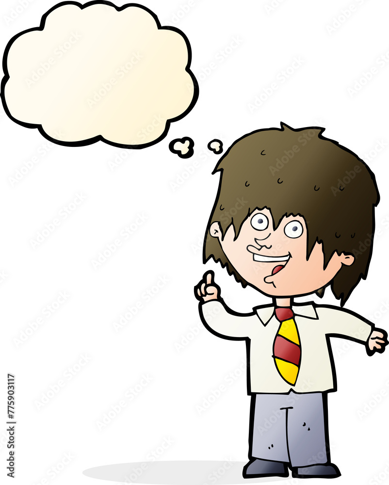 cartoon school boy with idea with thought bubble cartoon school boy with idea with thought bubble