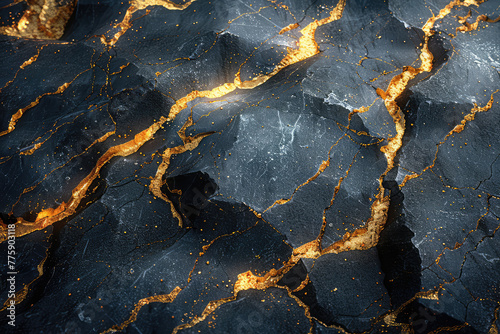 Dark blue marble with golden veins, golden cracks on the surface. Created with Ai