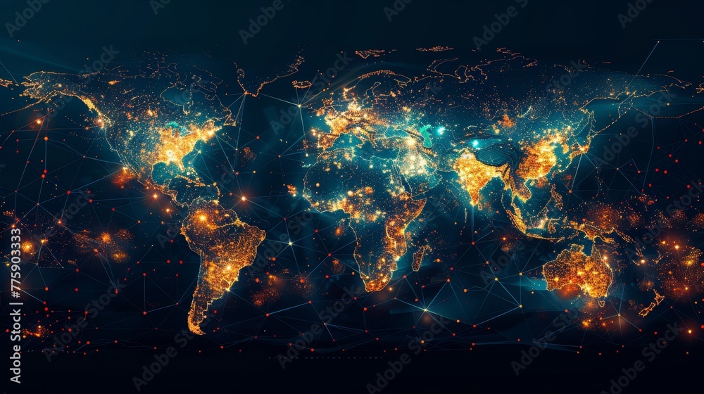 A colorful, glowing map of the world with many lights. The map is filled with a variety of colors and patterns, creating a sense of movement and energy. The lights seem to be pulsing and flickering