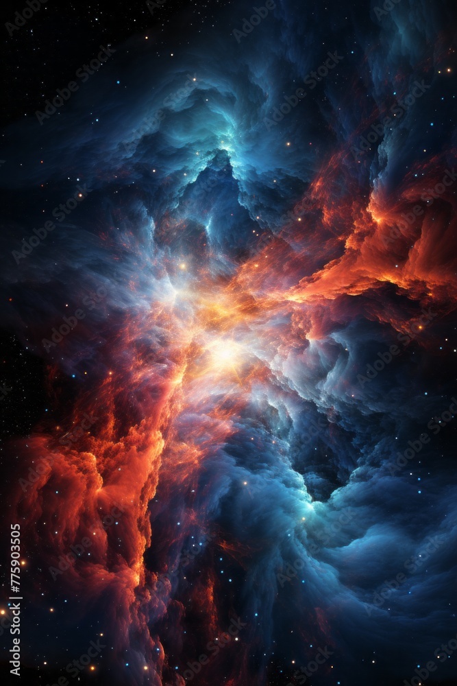 A cosmic collision is occurring as two galaxies merge into a dazzling display of stars and swirling clouds. The space is vibrant with colors and patterns, creating a dynamic and captivating sight