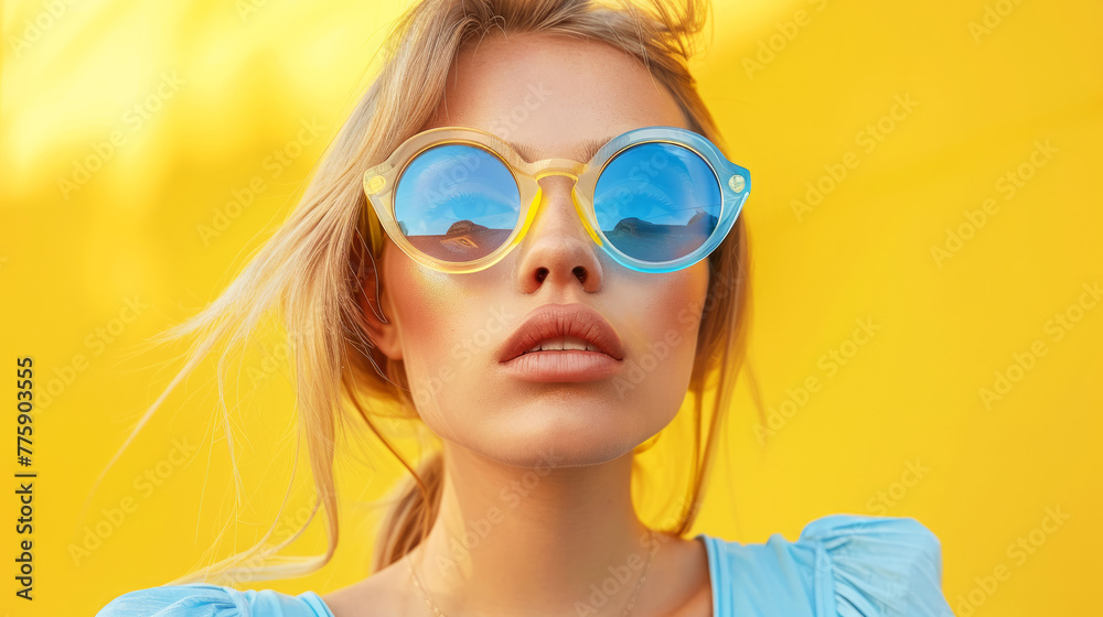 A woman with blonde hair and blue sunglasses in front of a yellow background. american women, wearing high end fashion sunglasses with clear frames and blue tint lenses. A woman with blonde hair and blue sunglasses in front of a yellow background. american women, wearing high end fashion sunglasses with clear frames and blue tint lenses.