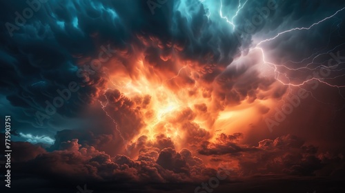 A dramatic image of a cloud filled with orange and blue lightning. Perfect for illustrating a powerful storm