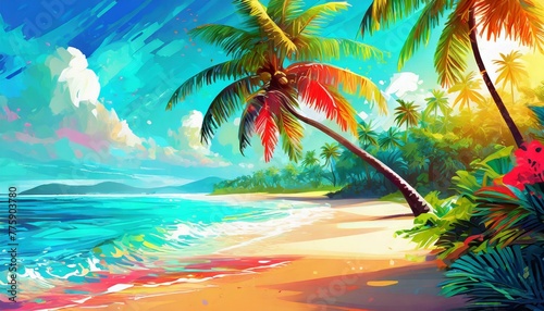 A vibrant summer vacation background wallpaper featuring palm trees, sandy beaches, and azure waters, evoking the allure of a tropical getaway © Zulfiqar bakoch