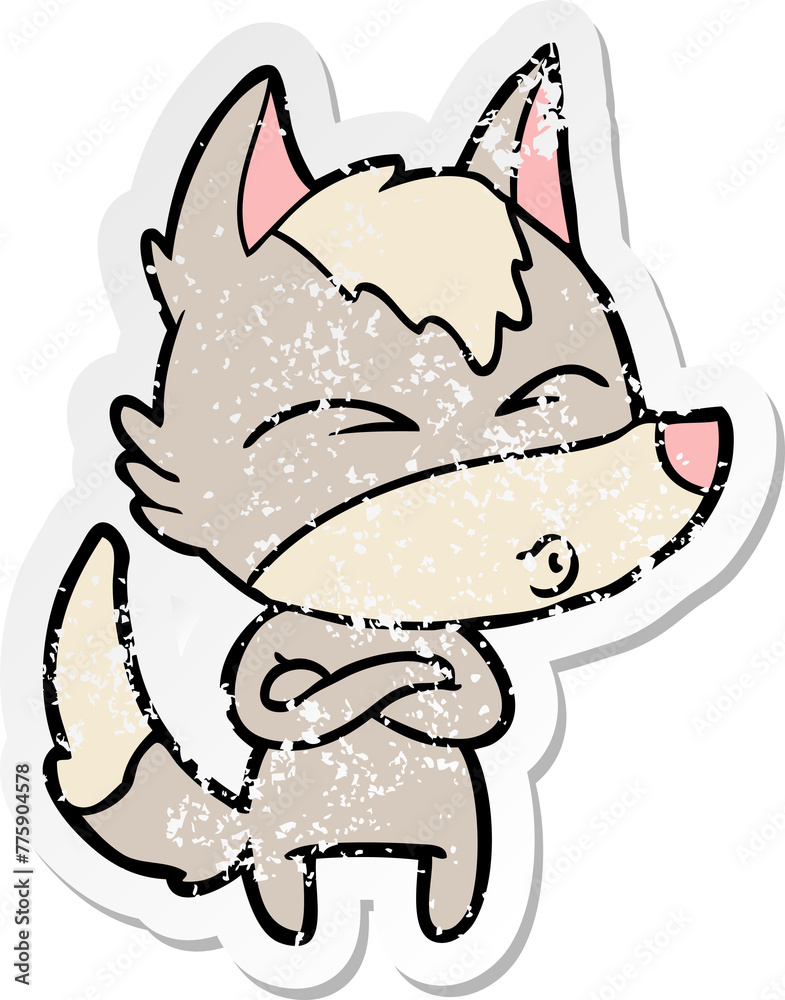 distressed sticker of a cartoon wolf whistling distressed sticker of a cartoon wolf whistling