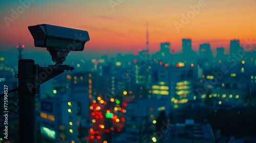 A cityscape with a camera on top of a pole. The camera is pointed towards the city