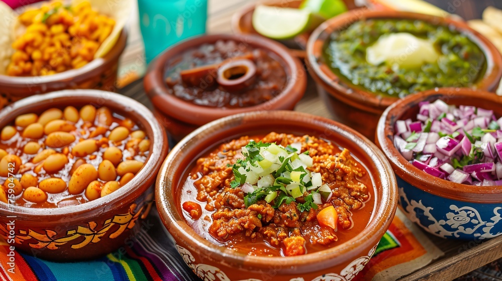 Traditional mexican food on wooden table. Top view