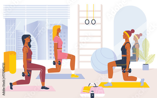 Young beautiful women doing fitness exercises in sport class. Training with sport equipment. Healthy and sporty lifestyle.