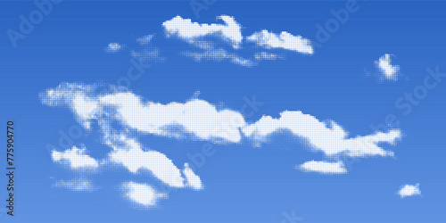 White halftone cloud with raster texture in clear blue sky. Pop art object in comic style with dot pattern. Vector retro bg
