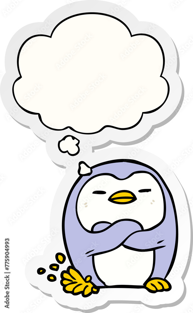 cartoon penguin tapping foot with thought bubble as a printed sticker cartoon penguin tapping foot with thought bubble as a printed sticker