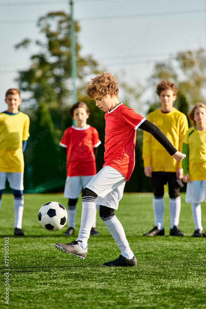 A young boy energetically kicks a soccer ball across a sprawling green field. The bright sun casts long shadows as he skillfully maneuvers the ball, showing determination and passion for the sport.