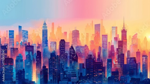 A city skyline with a sunset in the background. The sky is filled with a variety of colors  including blue  orange  and pink. The buildings are tall and spread out  creating a sense of depth and scale