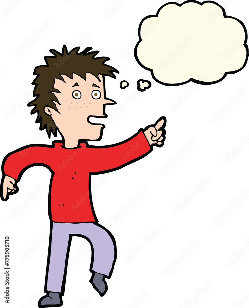cartoon happy man pointing with thought bubble cartoon happy man pointing with thought bubble