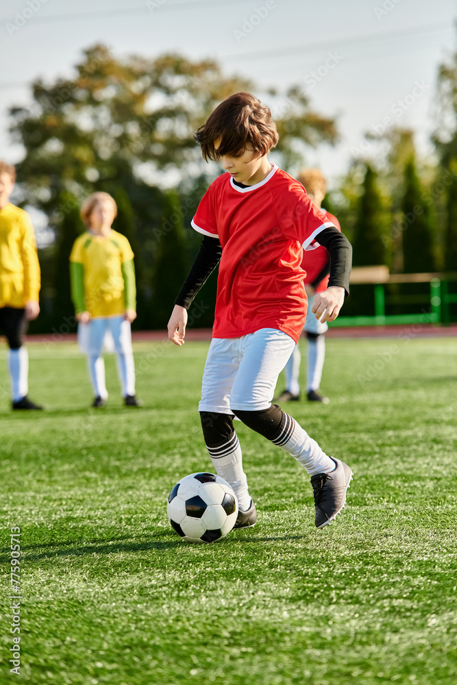A young boy is kicking a soccer ball on a green field, showcasing his skills and passion for the sport. 