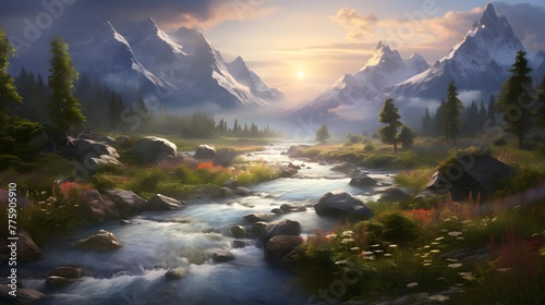 Panoramic view of the mountain river at sunrise. Beautiful summer landscape.