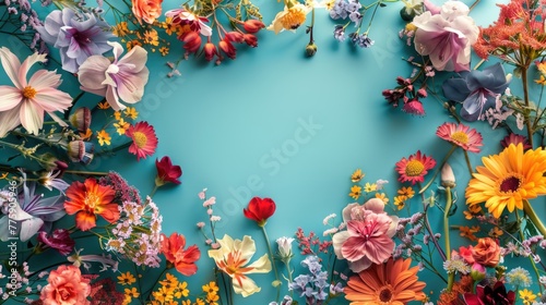 Vibrant flowers arranged in a circle on a bright blue backdrop. Ideal for spring or summer themed designs