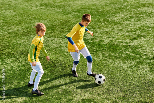 Two energetic young boys are enthusiastically playing soccer on a spacious field, kicking the ball towards each other and showcasing their skills in a friendly match.