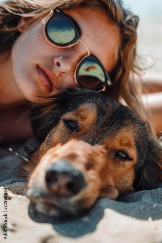 Woman relaxing on sandy beach with her dog. Ideal for lifestyle and pet-related designs