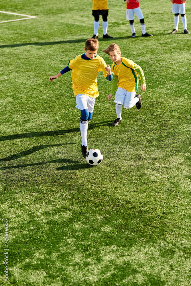 Obraz premium A vibrant scene unfolds as a group of young children play an enthusiastic game of soccer on a sunny field. They run, kick, and pass the ball, showcasing teamwork and camaraderie.