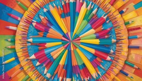 An overhead shot of art supplies arranged in a mesmerizing circular pattern, showcasing a burst of color from an assortment of markers and pencils.