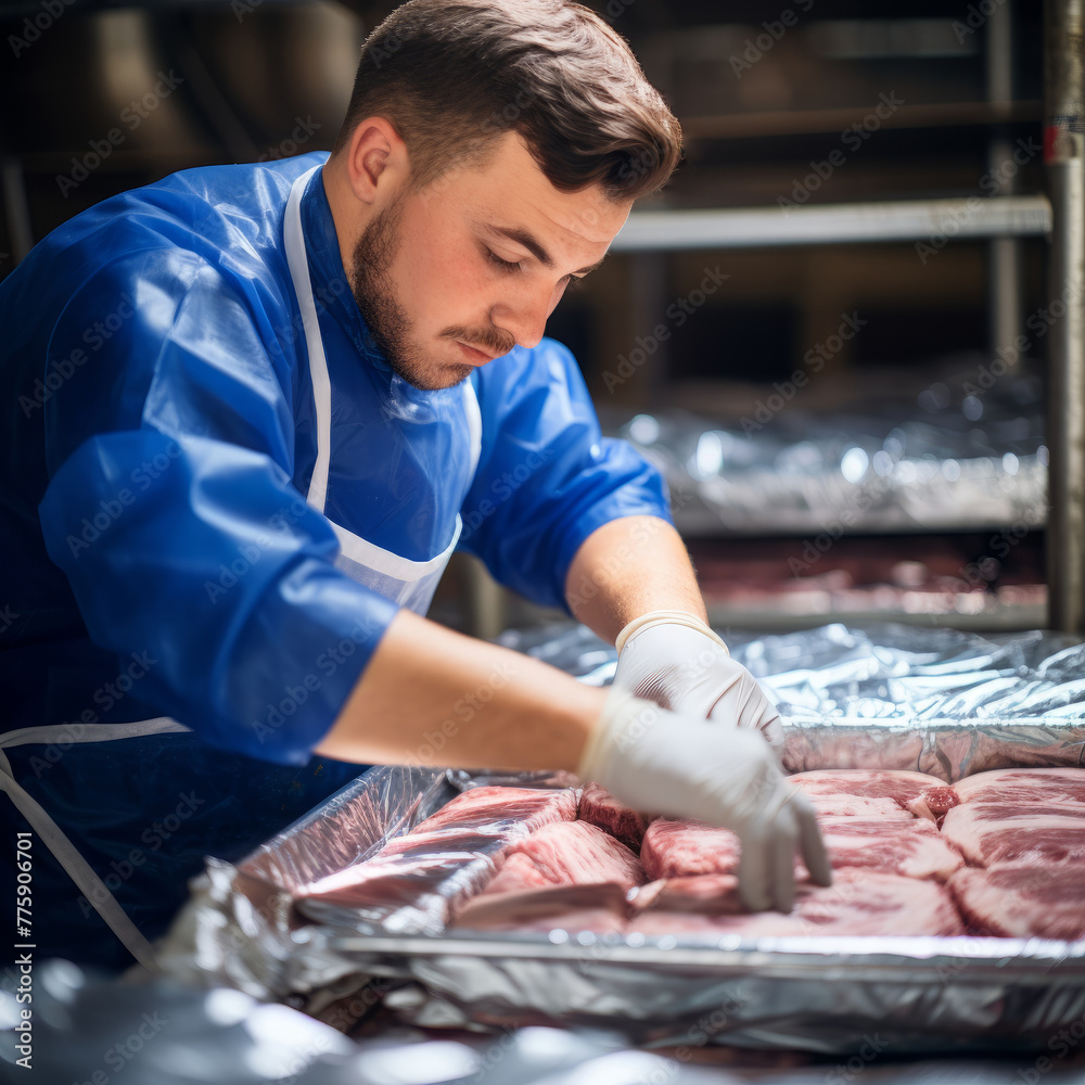 Worker at the Meat Factory: Packing Fresh Cuts
