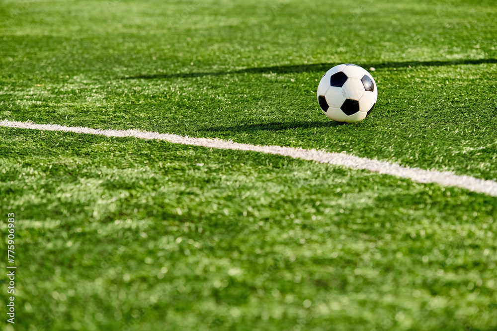 A lone soccer ball sits atop the vibrant green field, basking in the warm sunlight, awaiting the next exhilarating match. A lone soccer ball sits atop the vibrant green field, basking in the warm sunlight, awaiting the next exhilarating match.