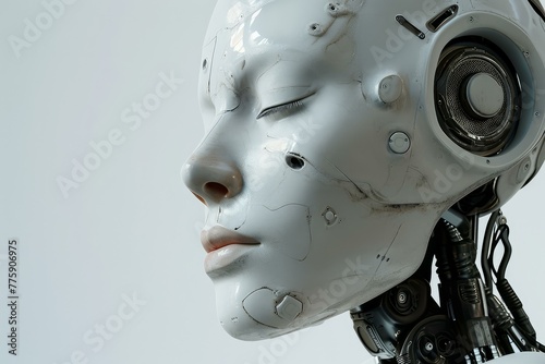 Intricate Artificial steel robot head with cyber face. Digital futuristic fiction. Generate Ai © anatolir