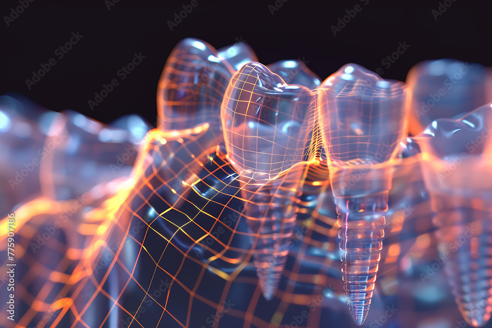 Cutting-edge wireframe-based visualization featuring a glowing translucent background, highlighting the intricate details of a dental implant, perfect for dental health concepts and medical presentati Cutting-edge wireframe-based visualization featuring a glowing translucent background, highlighting the intricate details of a dental implant, perfect for dental health concepts and medical presentati