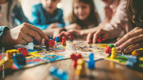 Obraz na płótnie Friends gather around a colorful board game, engaging in a playful match with tokens and dice w salonie