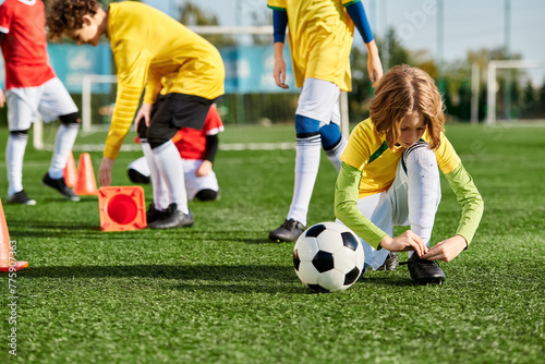A group of young children wearing colorful jerseys are energetically playing a game of soccer in a field. They are running, kicking the ball, and cheering with excitement. © LIGHTFIELD STUDIOS