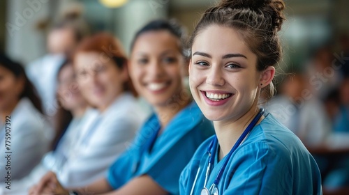 Cheerful Nurse and Doctor Relaxing in Seminar Training Class