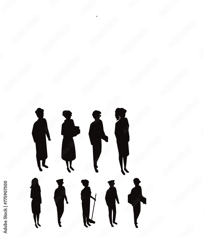 People with various professions standing together flat black silhouettes