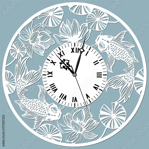 Illustration of a clock with koi fish, lotus, laser cutting
