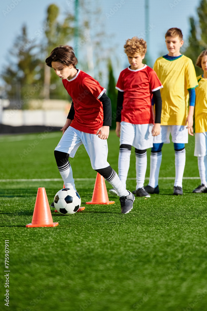 Obraz premium children energetically playing a game of soccer, running, kicking, and laughing on a grassy field. Some kids are dribbling the ball, while others are attempting to score goals.