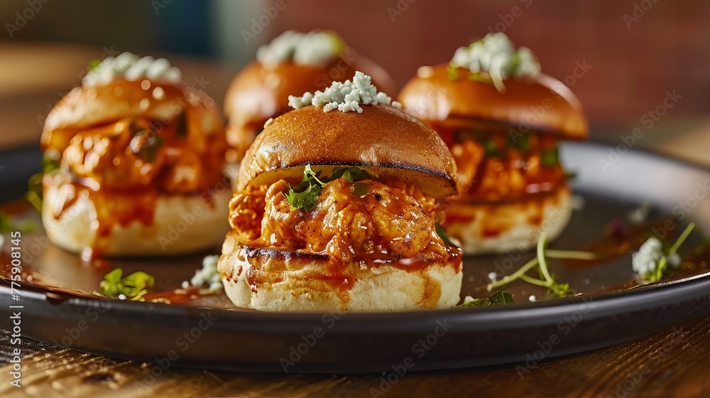 Tender BBQ Chicken Sliders with Blue Cheese and Crispy Fries on a Gourmet Plate Tender BBQ Chicken Sliders with Blue Cheese and Crispy Fries on a Gourmet Plate