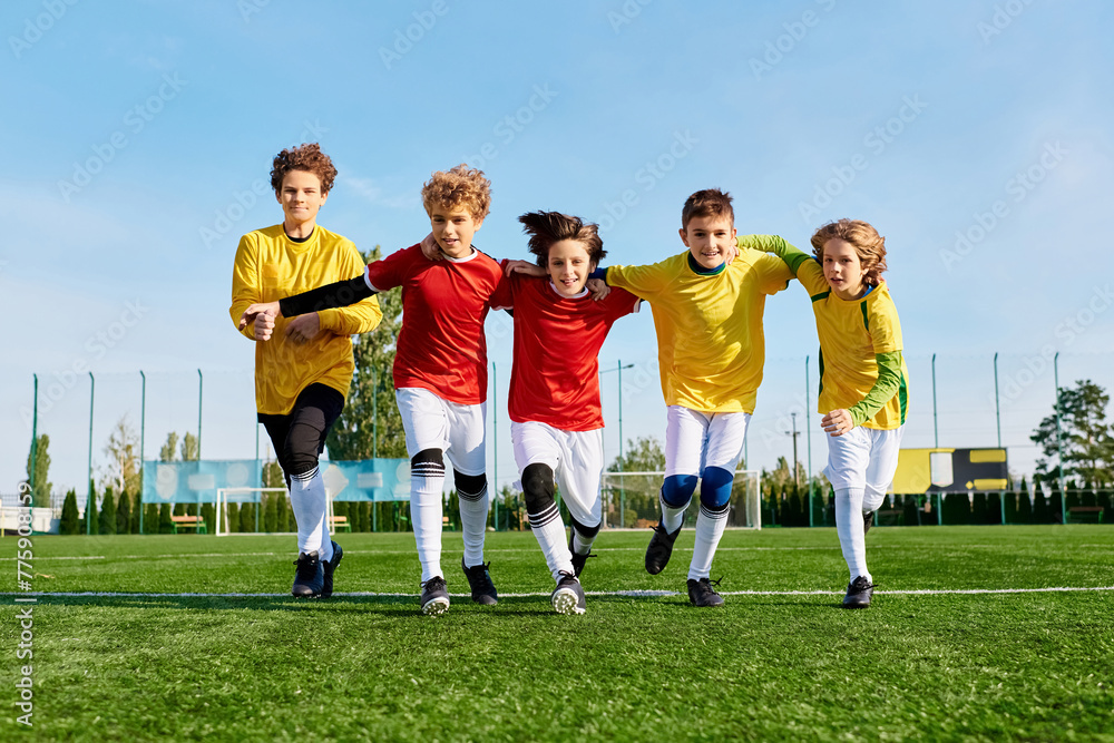 A group of young men engaged in a lively soccer game, kicking the ball around as they compete on the field with energy and teamwork.