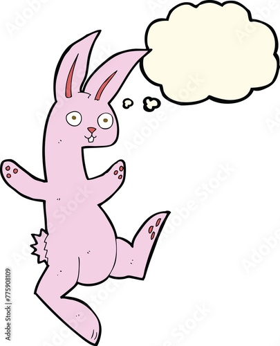 funny cartoon pink rabbit with thought bubble