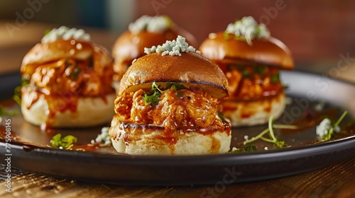 Tender BBQ Chicken Sliders with Blue Cheese and Crispy Fries on a Gourmet Plate