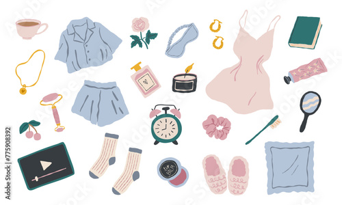 Various stuff for self-care. Morning and evening rituals before or after bedtime for a good mood. Vector hand drawn illustration.