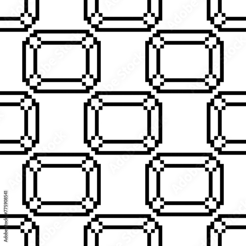 Pattern with the diamond-shaped gemstone sign is made in the form of pixels. Retro video game with black outlines in pixel art. Small squares are drawn in the form of a pattern. Seamless