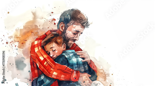 Watercolor illustration of a father and son hugging each other o photo