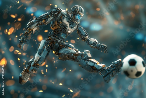 A highly detailed robot with intricate designs kicks a soccer ball, symbolizing the fusion of technology and sports.