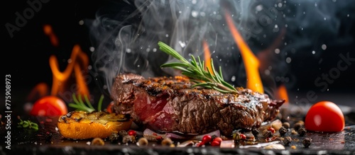 Close up of a steak sizzling on a barbecue with flames