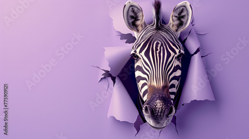 A zebra is peeking out of a hole in a purple background. The zebra's eyes are open. cute zebra that punched a hole in the paper and is trying to get out through vivid purple paper wallpape