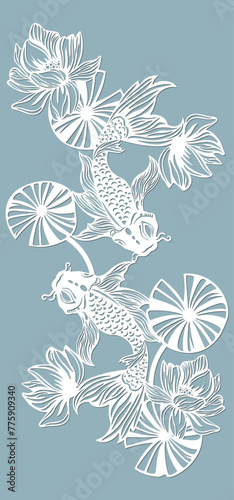 Beautiful illustration of Koi fish, laser cutting, printing