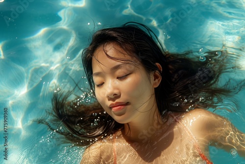 Graceful Asian woman swimming indoor pool closeup photo. Female swimmer with face above the water. Generate ai