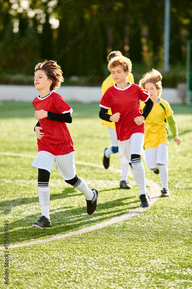 Obraz premium A diverse group of energetic children run gleefully on a vibrant green soccer field, their expressions filled with excitement and determination as they chase after a soccer ball.