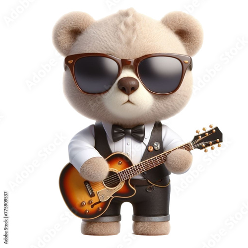 Cute bear playing guitar 3D render 