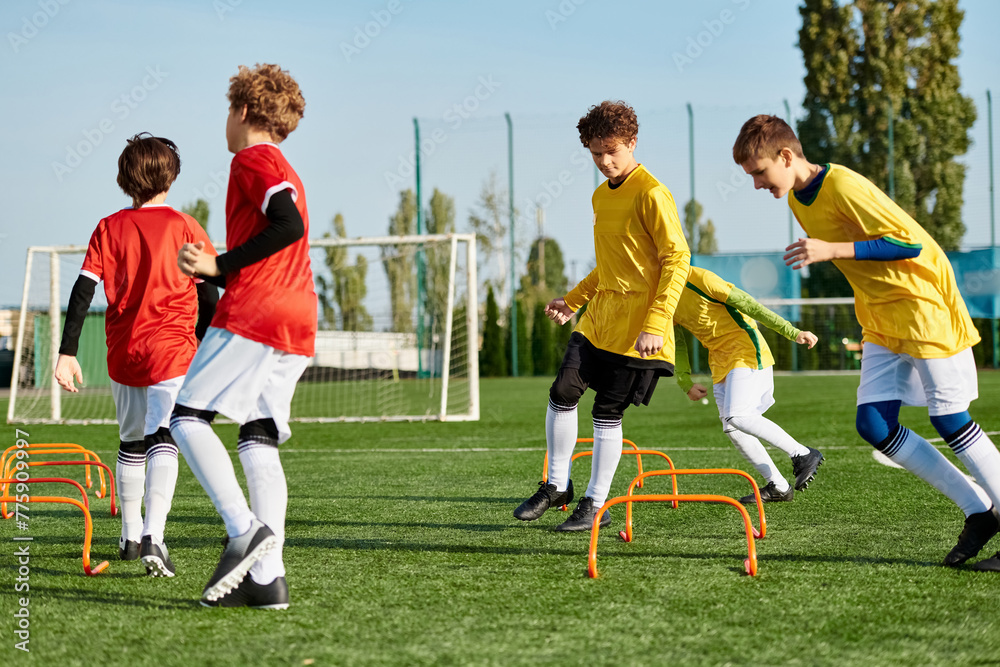 Obraz premium A dynamic scene of a group of young men engaged in an exhilarating game of soccer, running, passing, and kicking the ball with precision and skill on a vibrant field.