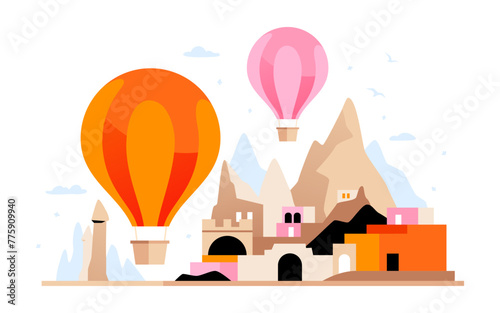 Valley of the Witch Trumpets - modern colored vector illustration with one of the most popular areas in Cappadocia, it has the shape of a triangle. Hot Air Balloon festival, Entertainment for tourists